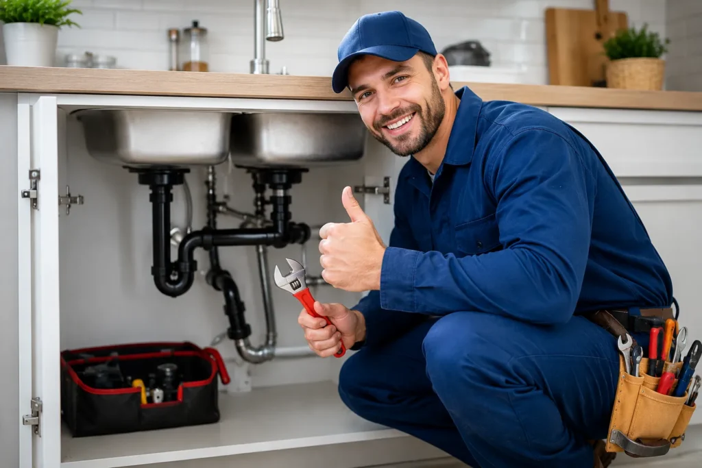 Experienced professional plumber holding a wrench and giving a thumbs up after inspecting kitchen sink plumbing