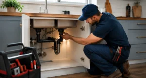 Professional plumber repairing pipes underneath a kitchen sink with open space on the left