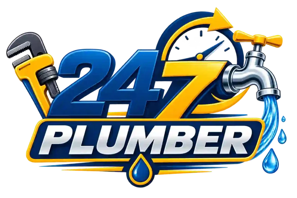 247 Plumber logo featuring blue and yellow 24/7 lettering, a plumber's wrench, water tap, clock and flowing water