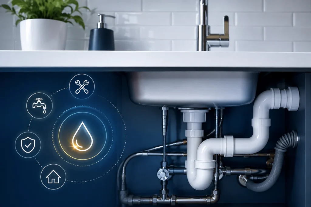 Modern under-sink plumbing system with pipes, valves and water service icons