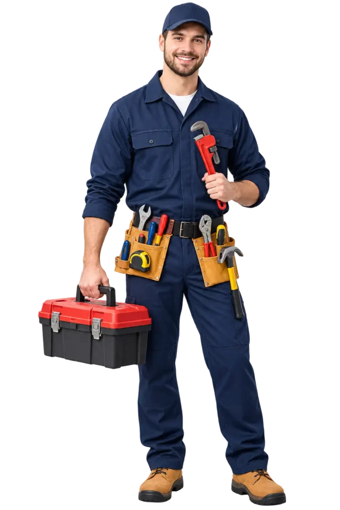 Professional plumber in navy work uniform holding a pipe wrench and toolbox with a tool belt