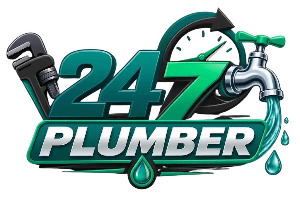 24/7 Plumber logo with bold green 24/7 text, white PLUMBER banner, pipe wrench, clock arrow and running tap on a black background.