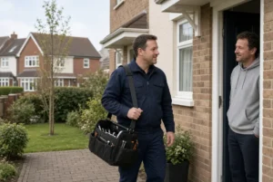 Engineer carrying tool bag greeted by customer at front door