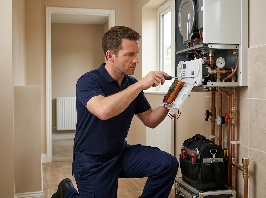 A professional heating engineer in a navy uniform kneeling to inspect and repair a wall-mounted domestic boiler using a screwdriver and multimeter.