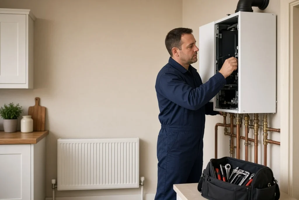 Heating engineer servicing an open boiler unit with copper pipework and radiator visible in kitchen