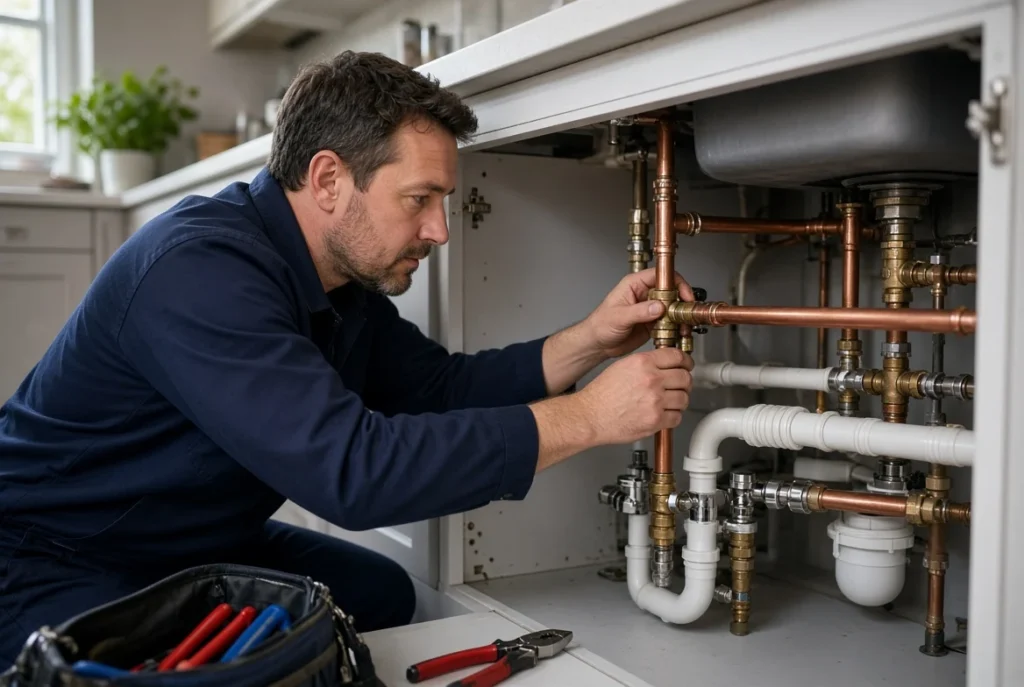 Plumber adjusting copper pipe fitting under a kitchen sink close-up