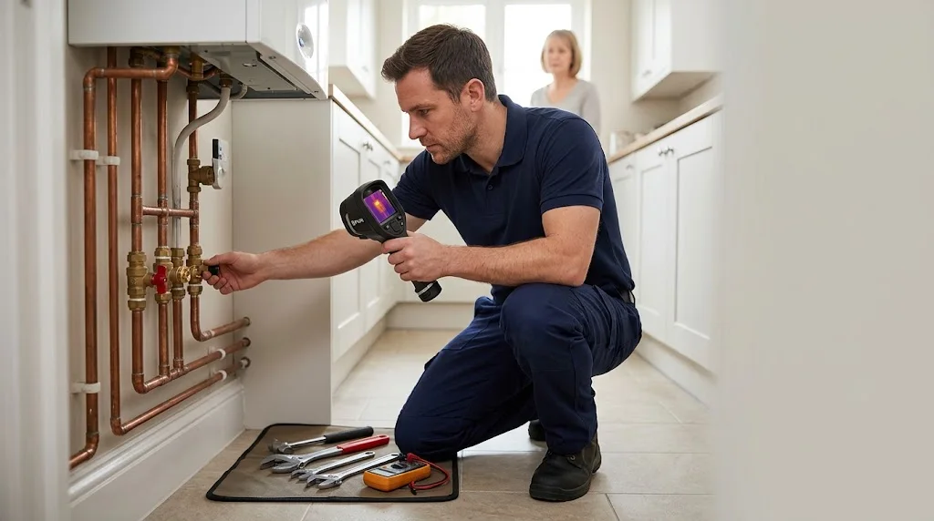 Heating engineer in navy workwear using a thermal imaging camera on copper pipework under a wall-mounted boiler, with tools on a mat and a homeowner watching in the background.