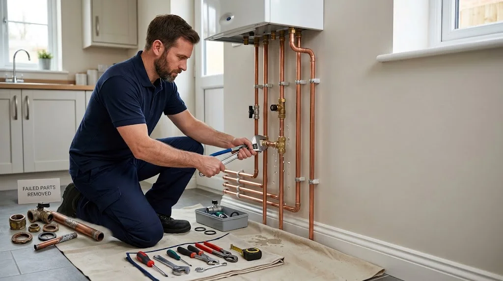 Heating engineer replacing boiler valve with failed parts removed and laid out