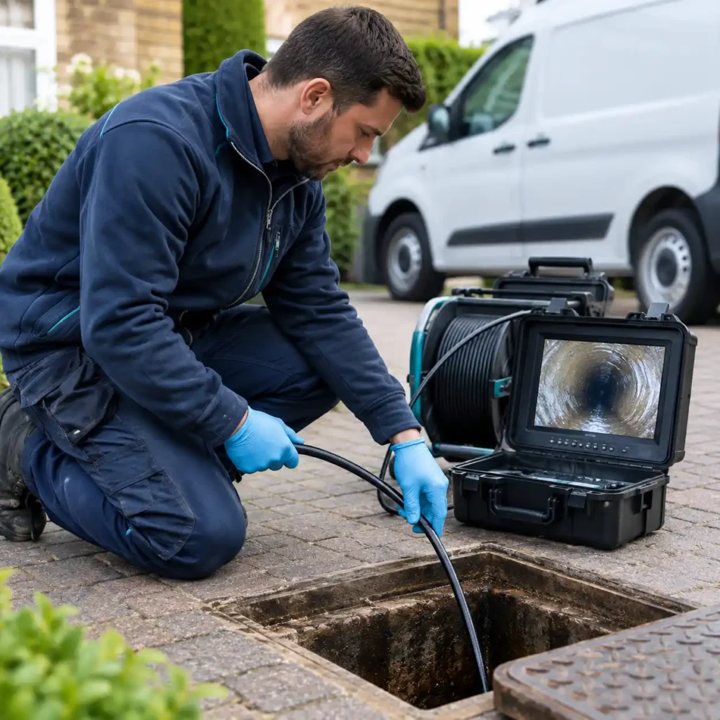 Sewer line repair services in Slough: plumber inspecting a drain with a CCTV camera through an inspection chamber
