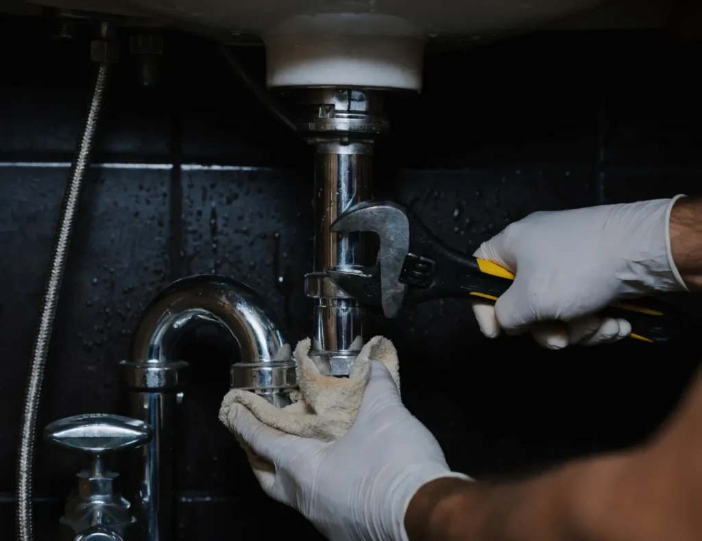 Plumbing installation Slough plumber fitting pipework under a sink with an adjustable wrench